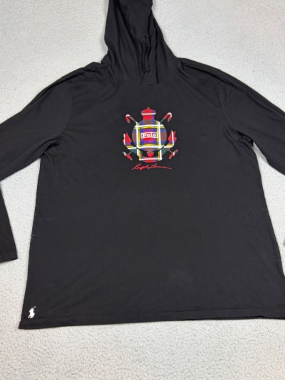 Polo Ralph Lauren Hoodie Mens XL Black with Plaid Tartan Logo Long Sleeve Shirt